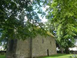 Oblique view of back and right external walls of Saxon Church, Saxon Green, Escomb July 2016